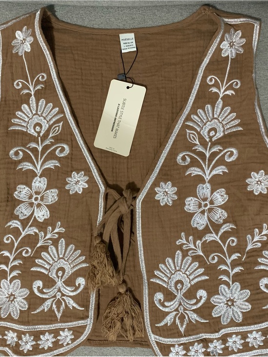 Jackets & Blazers - Brown Embroidered Cotton Vest with Tassel Tie